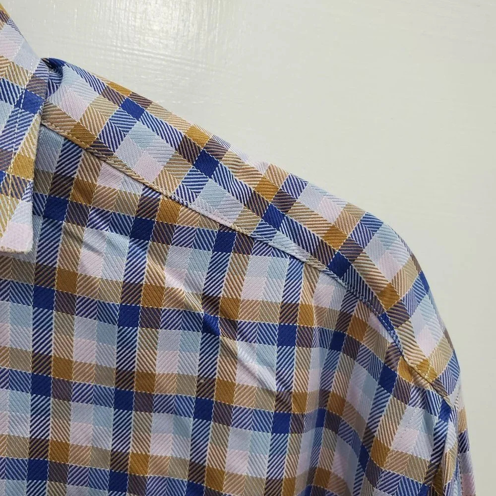 Tailorbyrd Men's Blue & brown Plaid Mixed Print Flip Cuff L/S Dress Shirt Size M - Picture 2 of 6